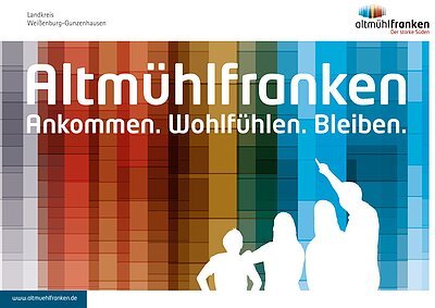 Imagebroschüre Altmühlfranken Auf der Titelseite der Imagebroschüre steht in großen Buchstaben Altmühlfranken und darunter der Dreiklang Ankommen Wohlfühlen Bleiben.