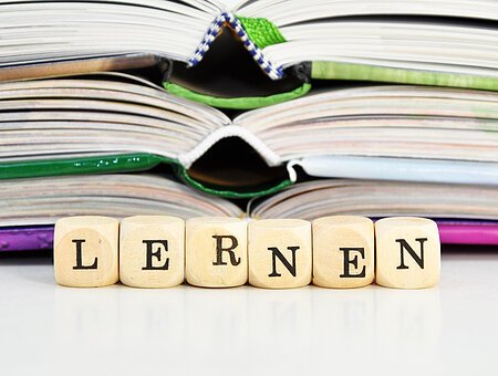 Würfeln, die das Wort Lernen bilden, stehen vor 2 aufgeklappten Büchern.