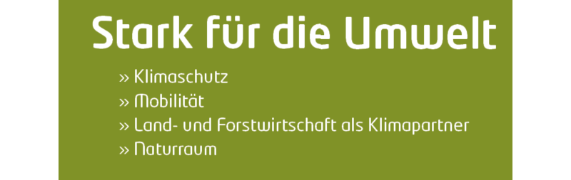 Ein grüner Banner mit weißer Aufschrift Stark für die Umwelt und definierten Unterthemen.