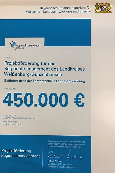 Förderbescheid Regionalmanagement Ein Förderbescheid auf dem die Summe 450.000 € groß abgebildet ist