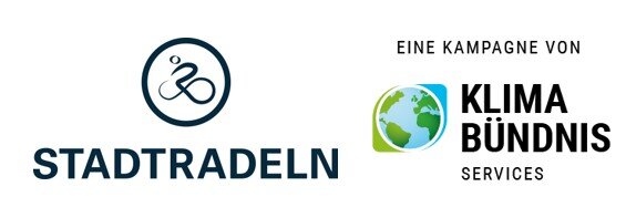 Logo Stadtradeln und Klima-Bündnis Zwei Logos in Kombination. Das einige Logo bildet einen Fahrradfahrer ab und das zweite Logo eine Weltkugel.