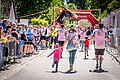 Zu sehen sind Läuferinnen und Läufer von hinten die gemeinsam ins Ziel laufen. Das Ziel ist markiert mit einem roten Torbogen. Links stehen viele Zuschauerinnen und Zuschauer und jubeln.