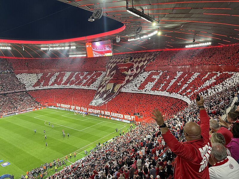 Es ist eine Choreographie im Stadion des FC Bayern zu sehen, welche aus Folien-Stücken von Verpalin besteht.